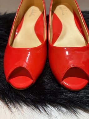 Red Peep-Toe Women's Shoes by Daphne Group 235. Featuring a stacked heel